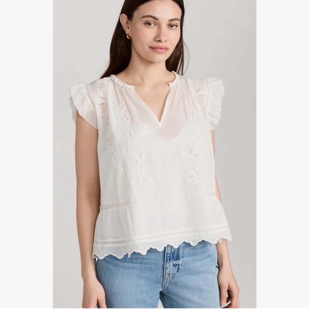 Velvet By Graham & Spencer Embroidered Ruffle Sleeve Blouse White Medium Nwt